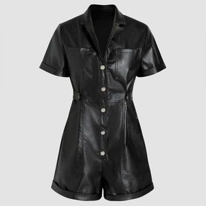 [ CIDER ] Black Faux Leather Solid Collar Wide Leg Romper :XS: NWT